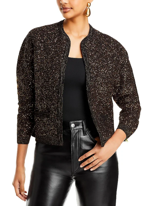 Penelope Womens Metallic Sequined Cardigan Sweater Seamless Knitted Crochet