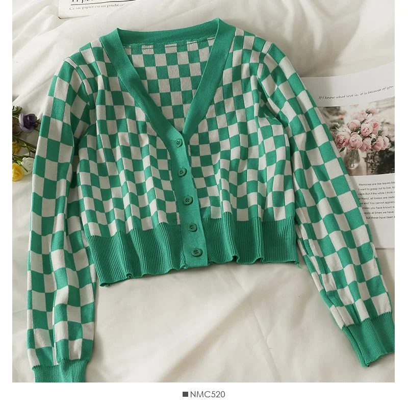 Plaid short single breasted long sleeved cardigan  1855 Soft Cozy Warm