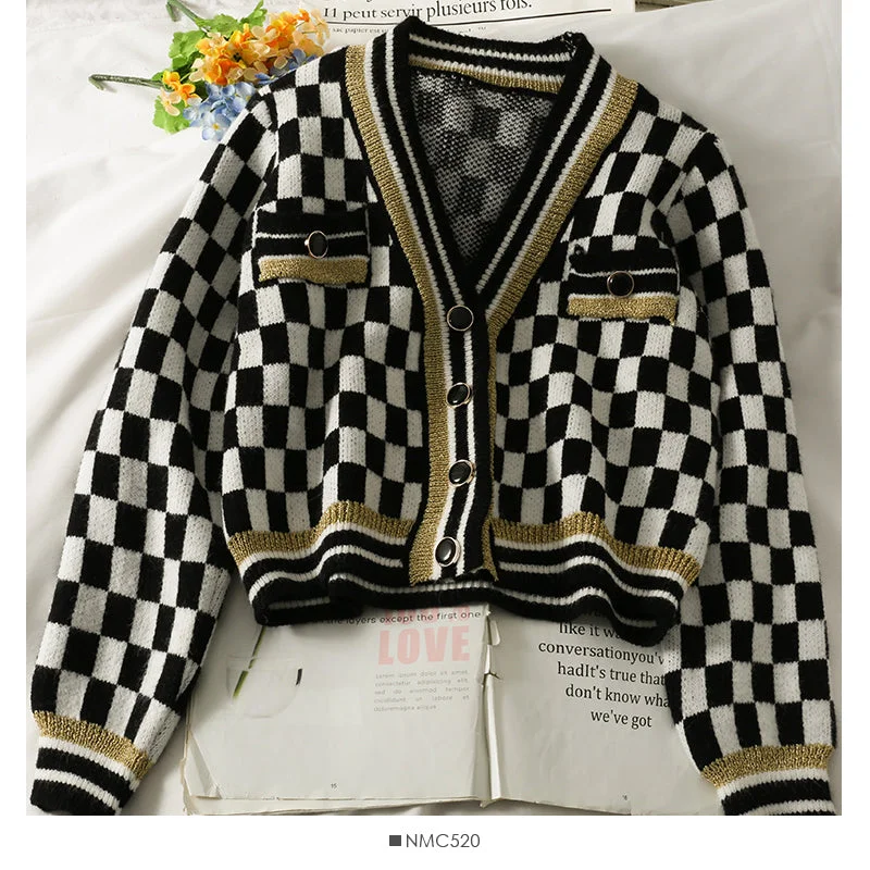 Plaid three button low neck cardigan women's sweater  1845 Modern Contemporary chic
