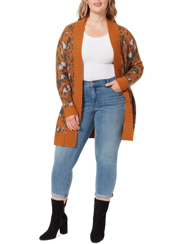 Plus Meghan Womens Ribbed Trim Midi Cardigan Sweater Fitted Loose Oversized