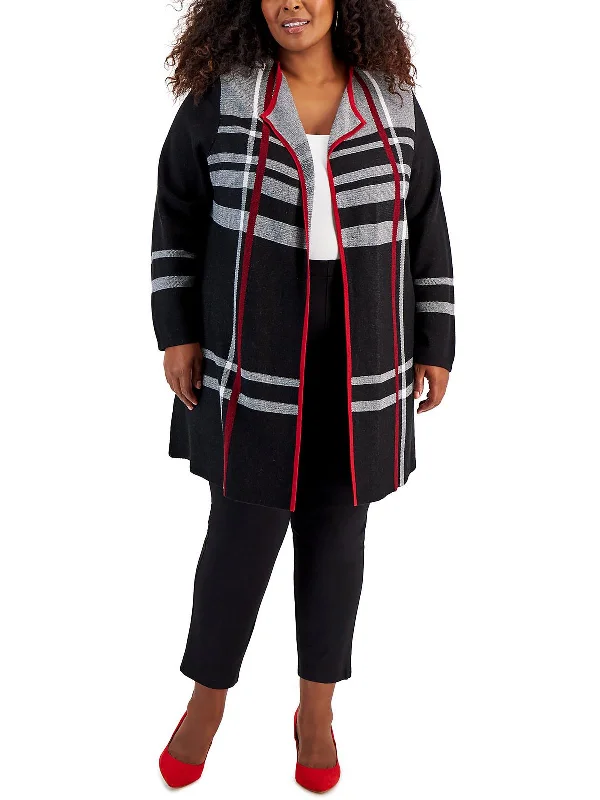 Plus Womens Checkered Cotton Cardigan Sweater Fitted Loose Oversized