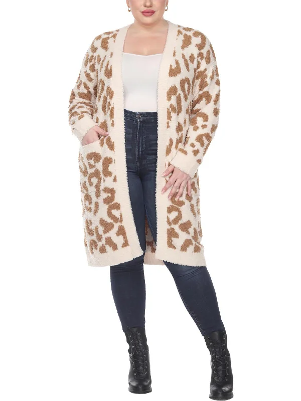 Plus Womens Knit Leopard Cardigan Sweater Zippered Buttoned Snapped
