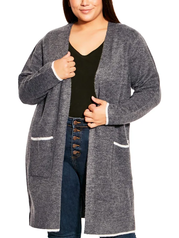 Plus   Womens Open Front Ribbed Trim Cardigan Sweater Print Jacquard Patchwork