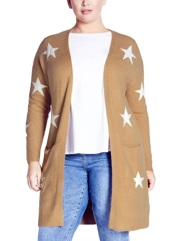 Plus Womens Printed Midi Cardigan Sweater Fleece Fabric Down Fabric Feather Fabric