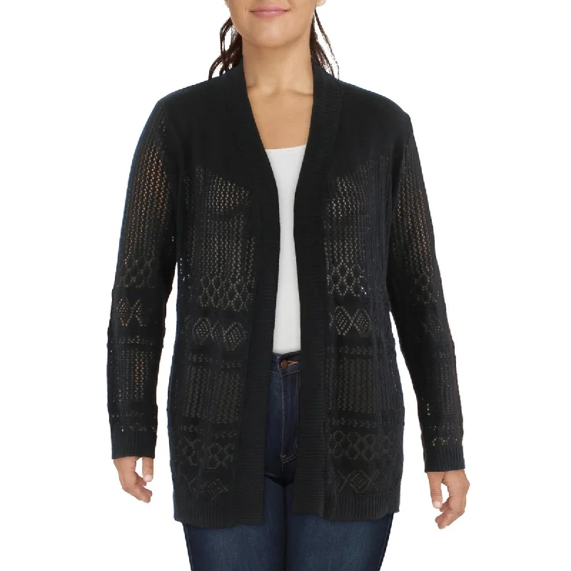 Plus Womens Ribbed Trim Crochet Cardigan Sweater Transparent Opaque Sheer