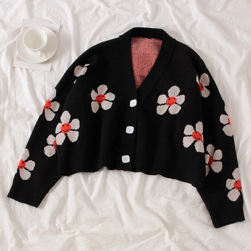 Preppy, floral knit coat, loose, V-neck, spring and autumn cardigan 1442 Solid Print Embellished Preppy, floral knit coat, loose, V-neck, spring and autumn cardigan 1442 Solid Print Embellished
