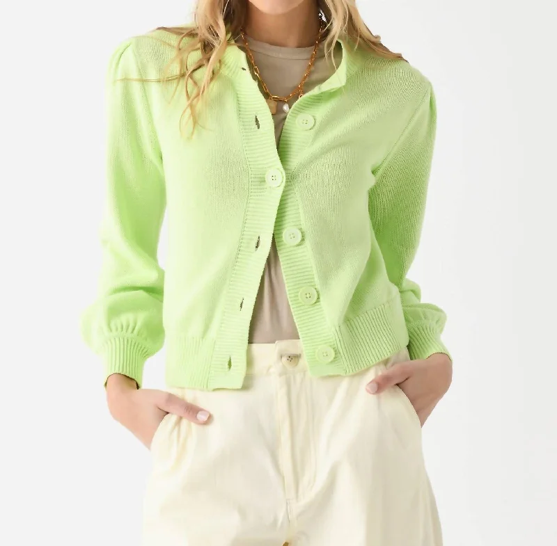 Puff Sleeve Cardigan In Lime Stretchy Elastic Breathable