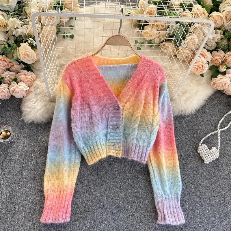 Rainbow Cardigan Long Sleeve Short Sweater 022 Fitted Slim Tailored