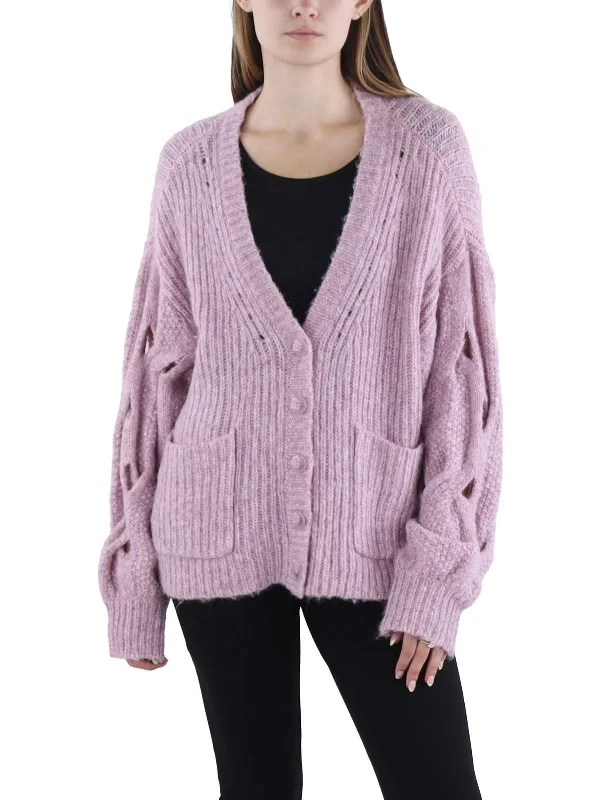 Reagan Womens Heathered Button Front Cardigan Sweater Chenille Blend Fleece Blend Nylon Blend
