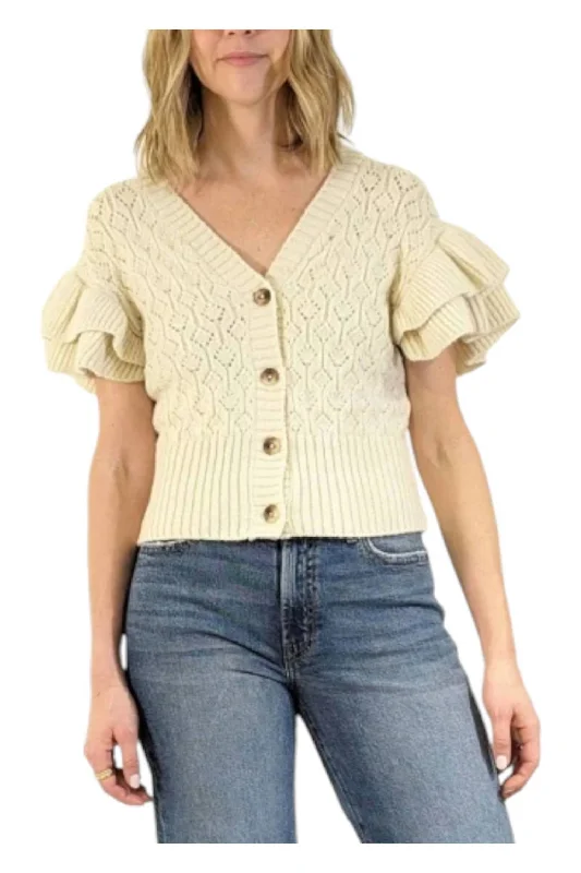 Ruffle Sleeve Cardigan In Birch Iron Safe Non-Iron Wrinkle Free