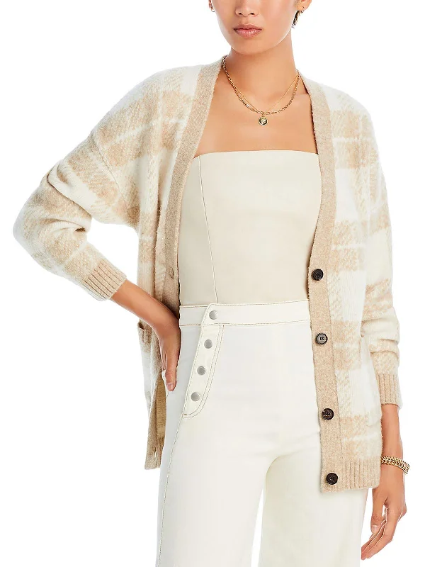 Runi Womens Wool Blend Plaid Cardigan Sweater Spandex Rayon Corduroy