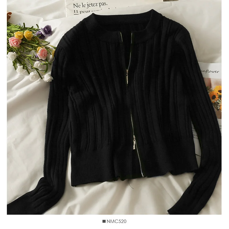 Slim vertical stripe crew neck short Zip Cardigan Sweater 1876 Stretchy Elastic Breathable Slim vertical stripe crew neck short Zip Cardigan Sweater 1876 Stretchy Elastic Breathable