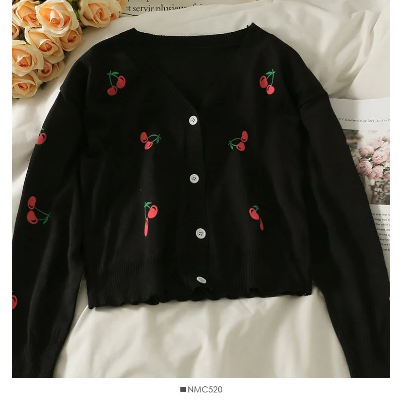 Small fresh cherry print V-neck single breasted slim cardigan sweater 1826 Herringbone Houndstooth Plaid Small fresh cherry print V-neck single breasted slim cardigan sweater 1826 Herringbone Houndstooth Plaid