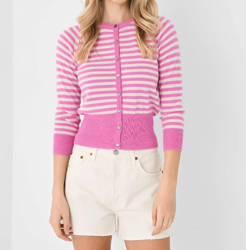 Stripe Shrunken Cardigan In Peony Cream Spandex Rayon Corduroy
