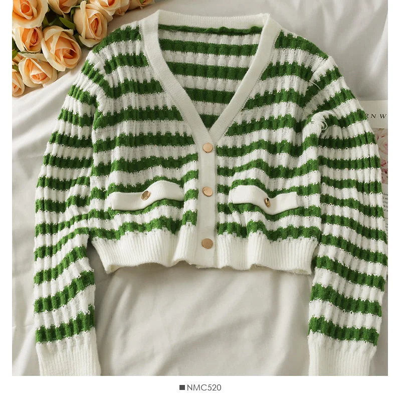 Striped loose thin single breasted cardigan long sleeved sweater 1850 Elegant Classic Vintage Striped loose thin single breasted cardigan long sleeved sweater 1850 Elegant Classic Vintage