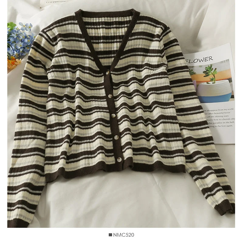 Striped single breasted V-neck cardigan thin top women  1892 Spandex Rayon Corduroy