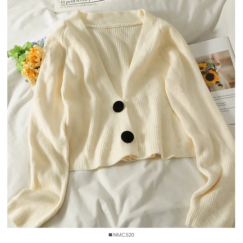 Sweater women's new two button short cardigan low neck  1800 Notch Collar Peter Pan Collar Cowl Neck