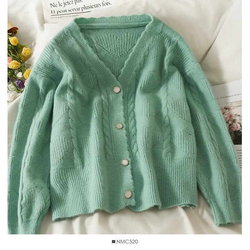 Sweater women's new wave edge V-neck single breasted cardigan 1873 Lightweight Heavyweight Midweight Sweater women's new wave edge V-neck single breasted cardigan 1873 Lightweight Heavyweight Midweight