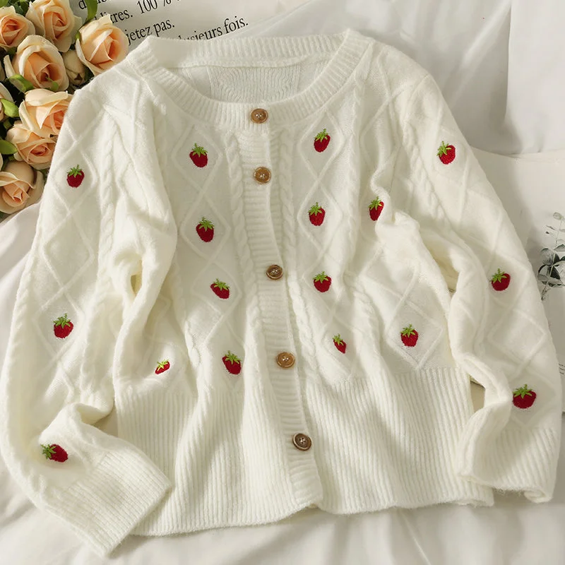 Sweet wind strawberry embroidered cardigan sweater female 1719 Slim Fit Regular Fit Oversized Sweet wind strawberry embroidered cardigan sweater female 1719 Slim Fit Regular Fit Oversized