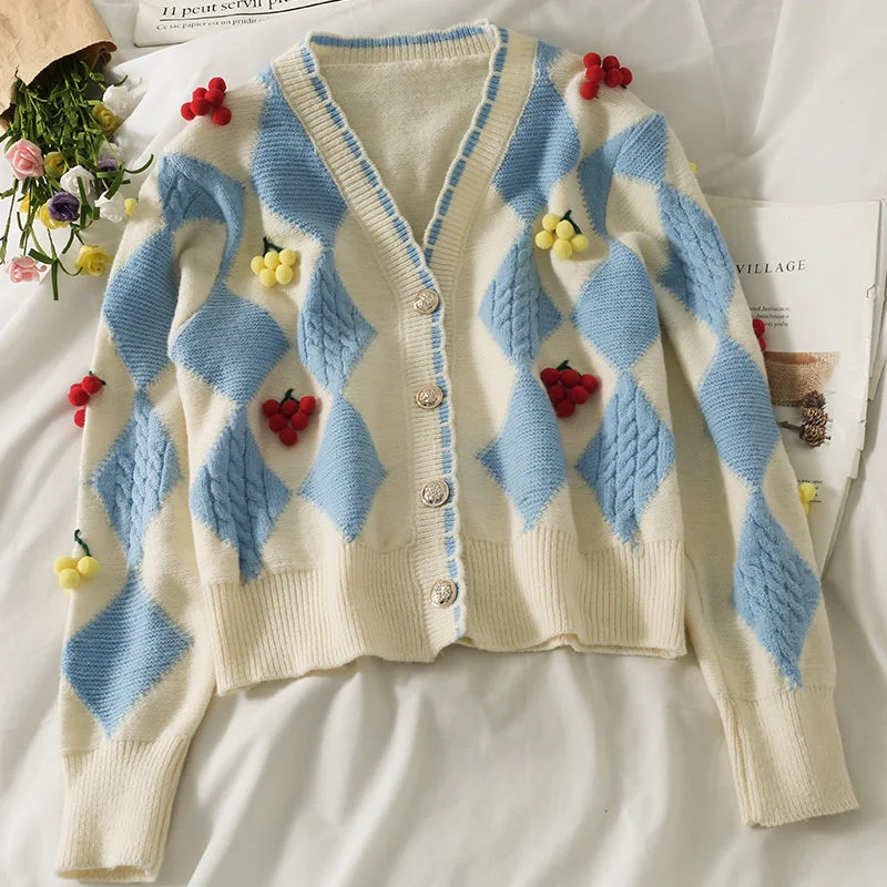 Three dimensional decorative single breasted cardigan long sleeved sweater 1804 Polka Dot Checkered Tartan Three dimensional decorative single breasted cardigan long sleeved sweater 1804 Polka Dot Checkered Tartan