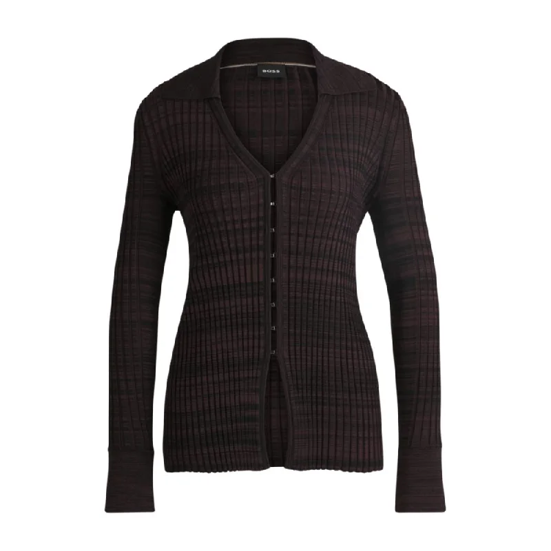 V-neck cardigan in ribbed stretch fabric with collar Zippered Front Buttoned Front Snap Front V-neck cardigan in ribbed stretch fabric with collar Zippered Front Buttoned Front Snap Front