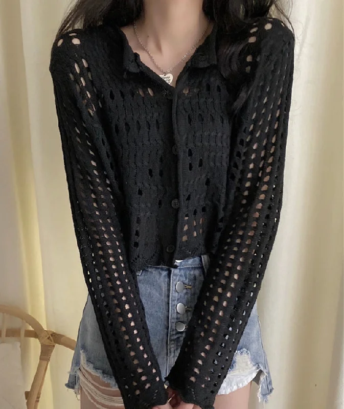 White hollow out long sleeves cropped cardigan  152 Chenille Brocade Lace