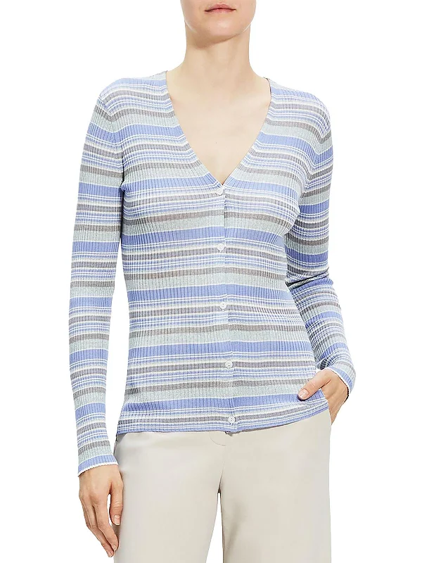Womens 100% Silk Ribbed Cardigan Sweater Welt Pockets Slit Pockets Flap Pockets
