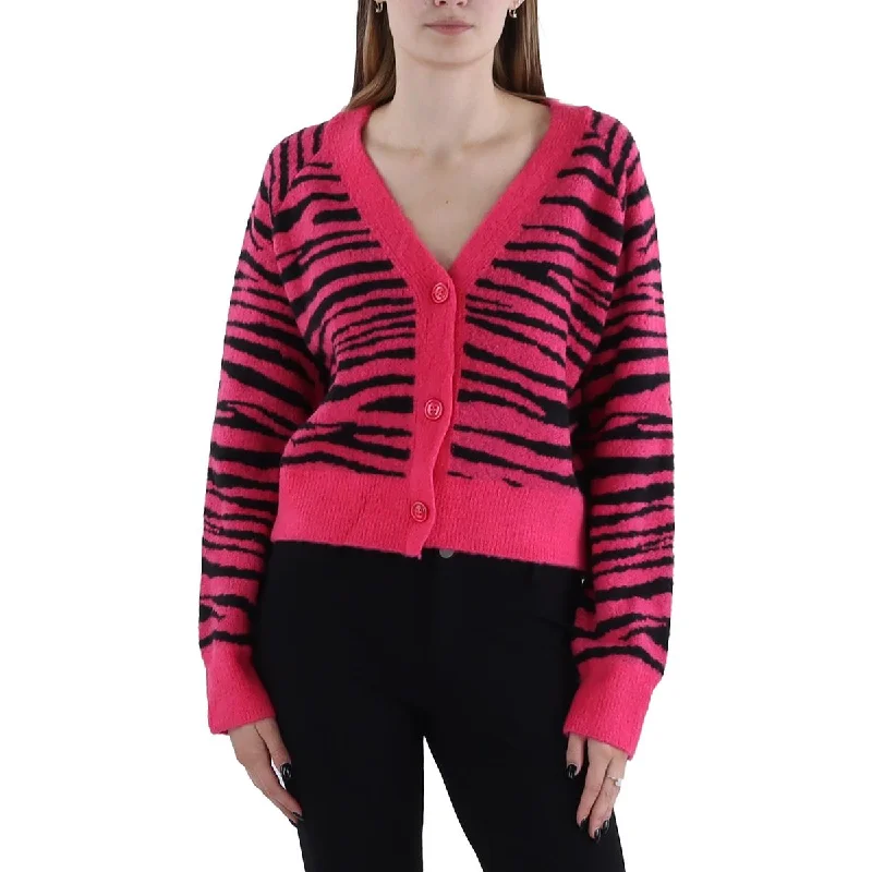 Womens Animal Print Button-Down Cardigan Sweater Crew Neck V-Neck Turtle Neck