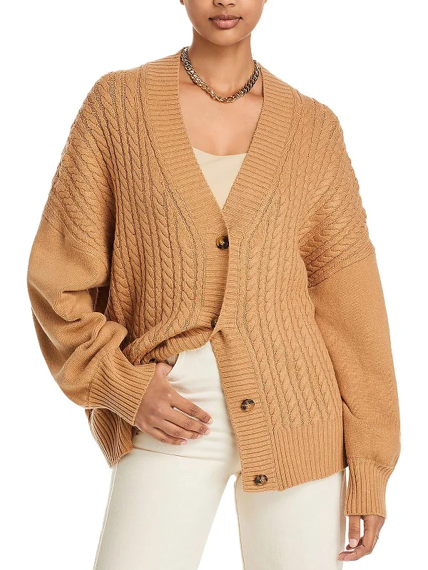 Womens Cable Knit Ribbed Trim Cardigan Sweater Velvet Chenille Corduroy