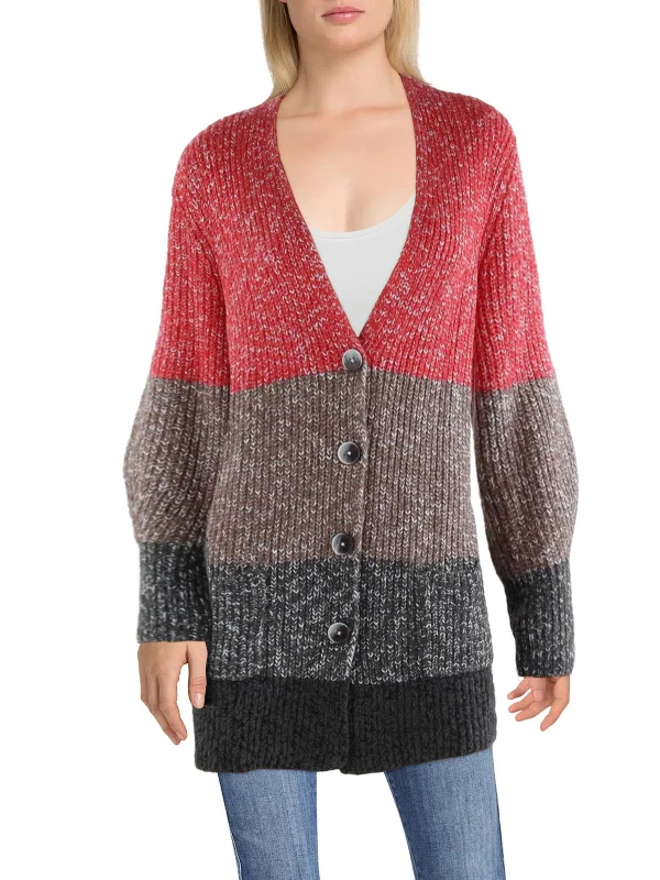 Womens Colorblock Button-Down Cardigan Sweater Slim Fit Regular Fit Oversized