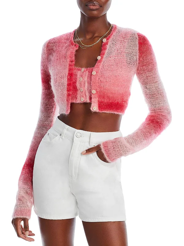Womens Crop Alpaca Cardigan Sweater Front Pockets Side Pockets Patch Pockets