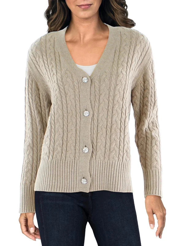 Womens Embellished Cable Knit Cardigan Sweater Front Pockets Side Pockets Patch Pockets Womens Embellished Cable Knit Cardigan Sweater Front Pockets Side Pockets Patch Pockets