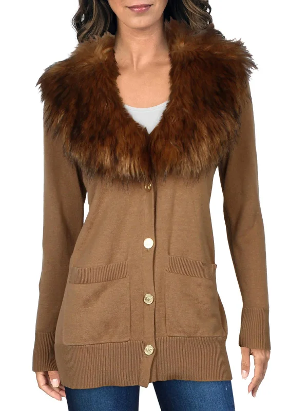 Womens Faux Fur Trim Button-Down Cardigan Sweater Patchwork Embroidered Appliqued