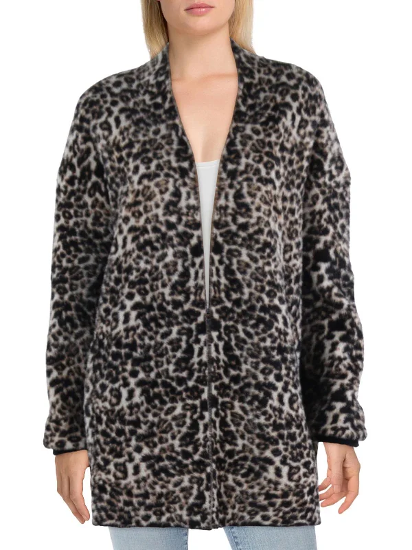 Womens Fleece Leopard Cardigan Sweater Cashmere Blend Cotton Blend Poly Blend
