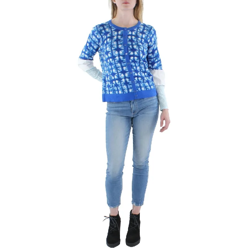 Womens Open Front Eyelet Cardigan Sweater Houndstooth Herringbone Solid