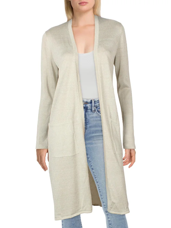 Womens Organic Linen Blend Metallic Cardigan Sweater Toggled Drawstring Belted