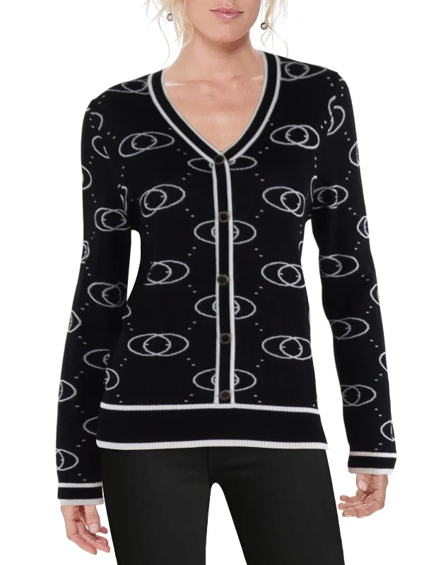 Womens Printed Button-Down Cardigan Sweater Embroidered Appliqued Beaded