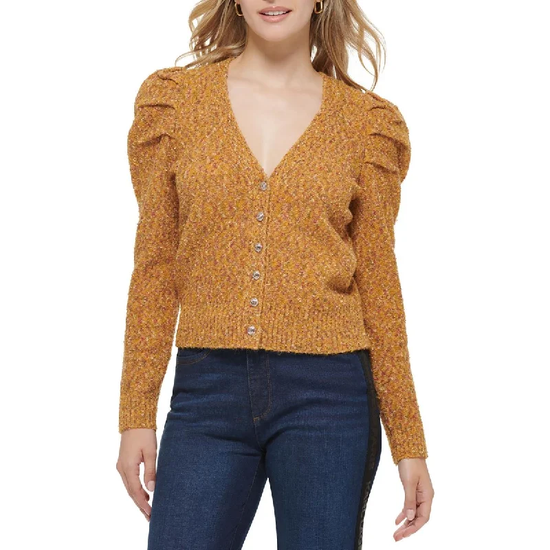 Womens Puff Shoulder Button Front Cardigan Sweater Mesh Blend Leather Blend Suede Blend
