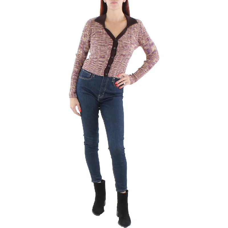 Womens Ribbed Collared Cardigan Sweater Striped Floral Plaid