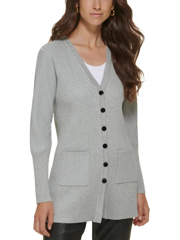 Womens Ribbed Metallic Cardigan Sweater Knit Fabric Woven Fabric Fleece Fabric