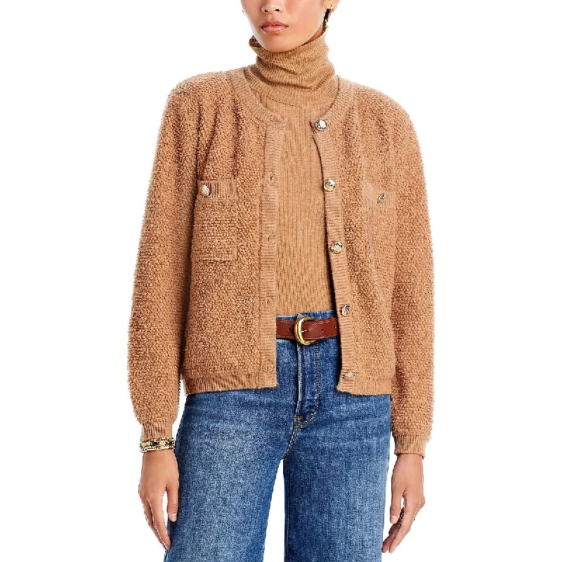 Womens Scoop Neck Pocket Cardigan Sweater Solid Print Embellished