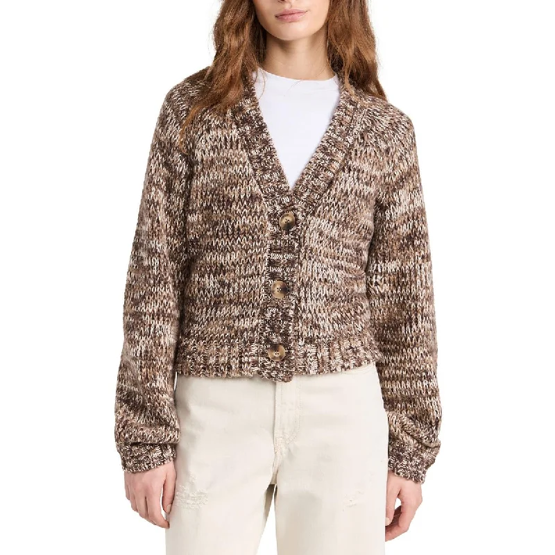 Womens V-Neck Ribbed Trim Cardigan Sweater Cashmere Blend Cotton Blend Poly Blend