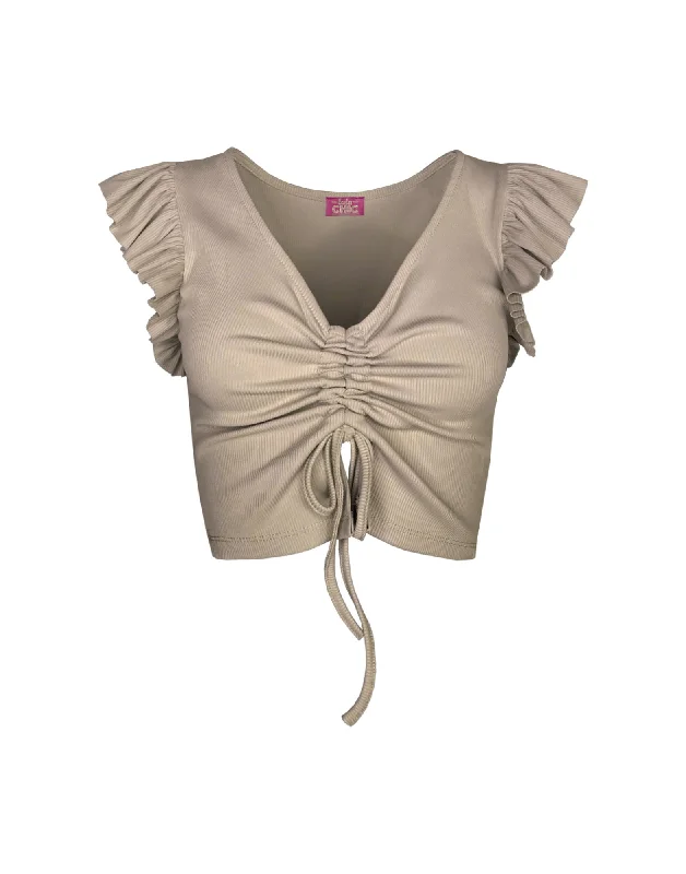 Becca Crop Top Taupe Mesh Fabric Canvas Fabric Denim Fabric
