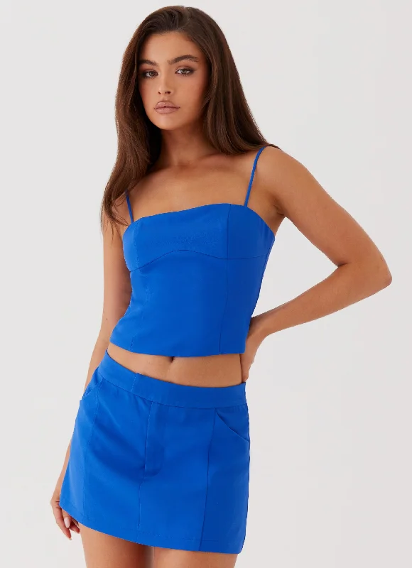 Eliana Crop Top - Cobalt Zippered Front Buttoned Front Snap Front