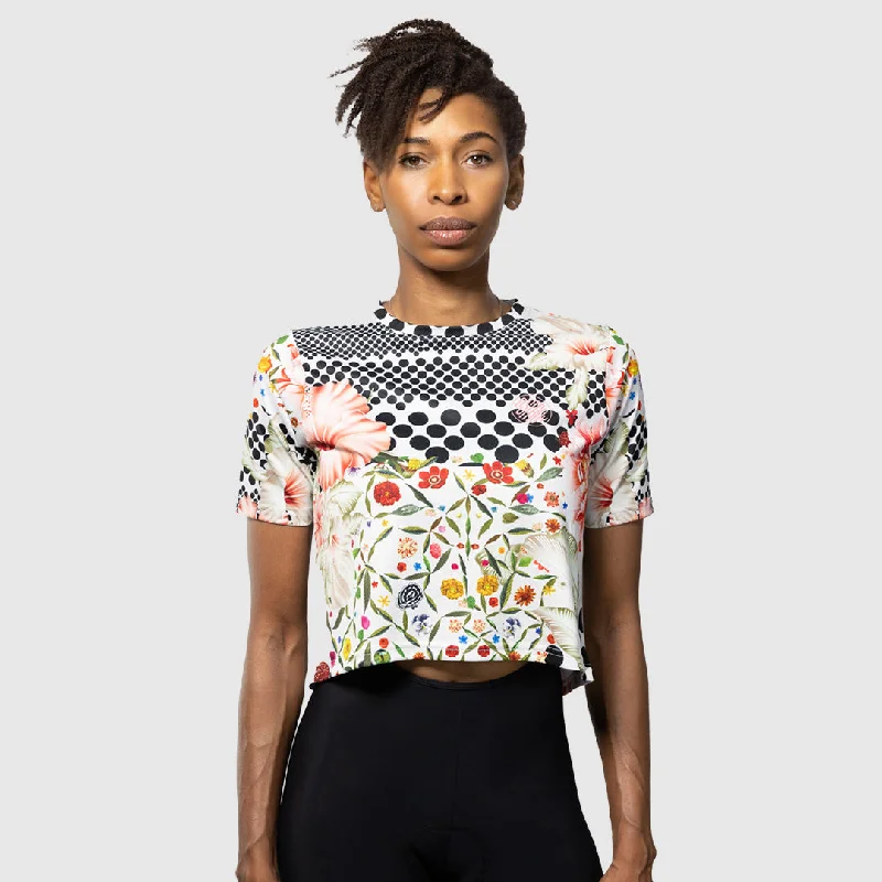 Omloop White Women's Crop Top Striped Floral Plaid