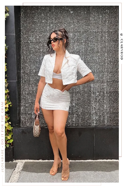 Sarina Button Up Crop Top - White Chenille Brocade Lace