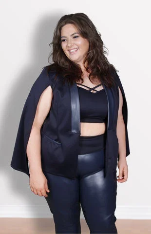 Society+ Caged Crop Top - Navy Hooded Caped Shawl Collar
